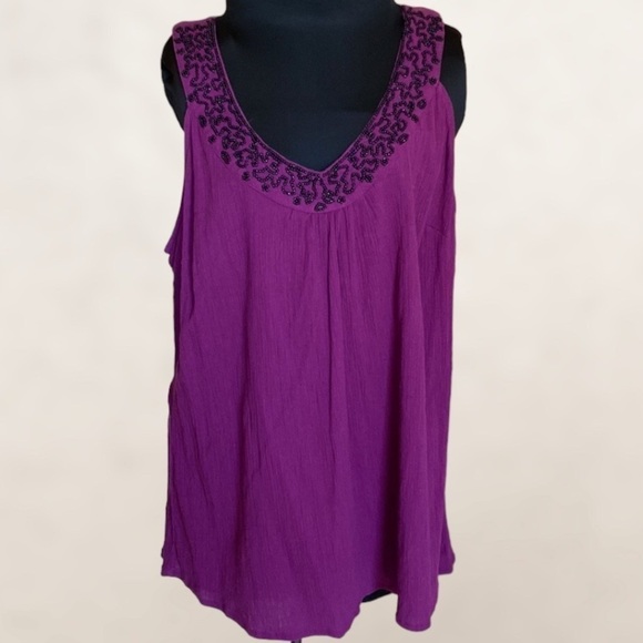 💜 Lane Bryant Dark Beaded Scoop Neck Tank Top Purple Size 20 - Picture 1 of 8